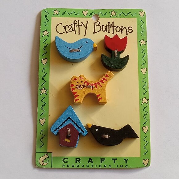 🎯 10 for $10 / Vintage Craftys Buttons - Bird, Crow, Birdhouse, Cat, Tulip - Picture 1 of 7
